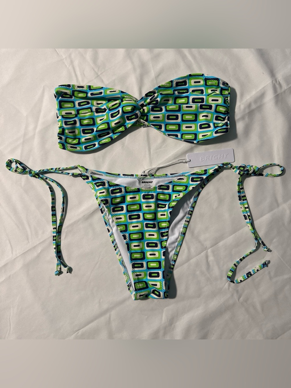 Striped Geo Bandeau Tie-Side Bikini in Green